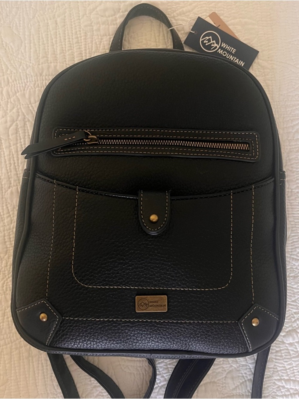 White Mountain Black Faux Leather Men's Compact Backpack with Contrast Stitching